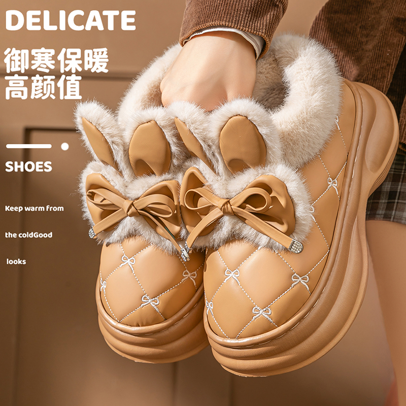 厚底全包跟棉拖鞋女网红蝴蝶结家居PU皮拖鞋冬季加绒保暖棉鞋外穿
