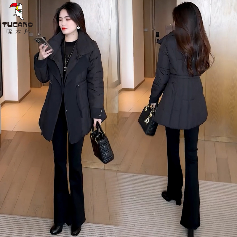 啄木鸟时尚棉服中长款2025冬季新款洋气收腰冬季冬季女士收腰棉服