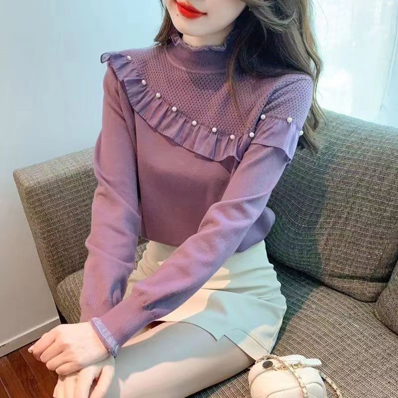 设计感木耳边钉珠拼接长袖上衣女秋冬季新款洋气半高领针织打底衫