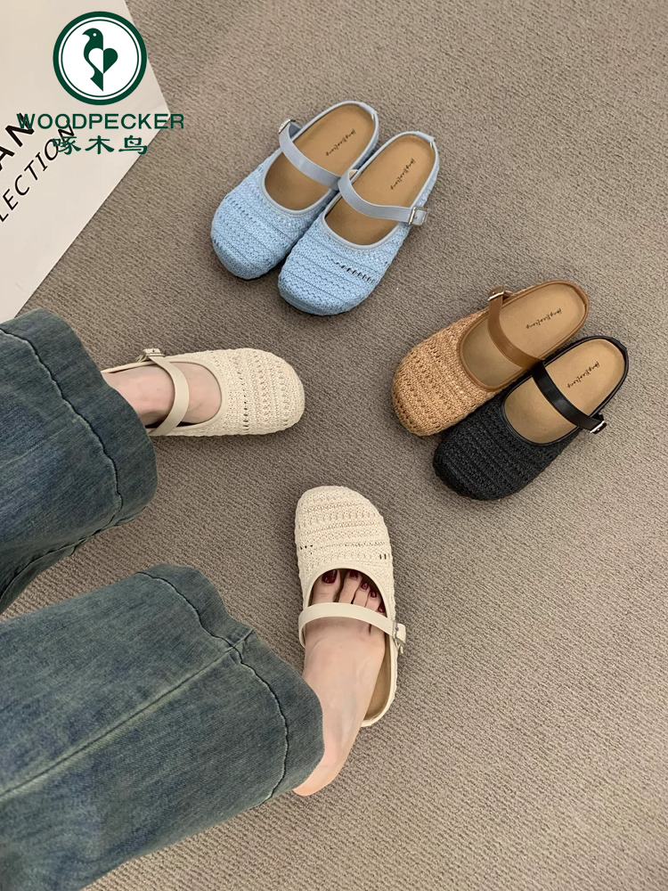 啄木鸟复古森系手工编织包头半拖鞋女夏外穿波西米亚厚底勃肯鞋子