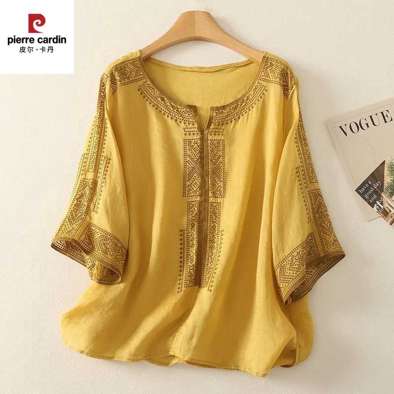 皮尔卡丹2025国风复古重工刺绣仿棉麻恤女夏季宽松显瘦刺绣百搭衬