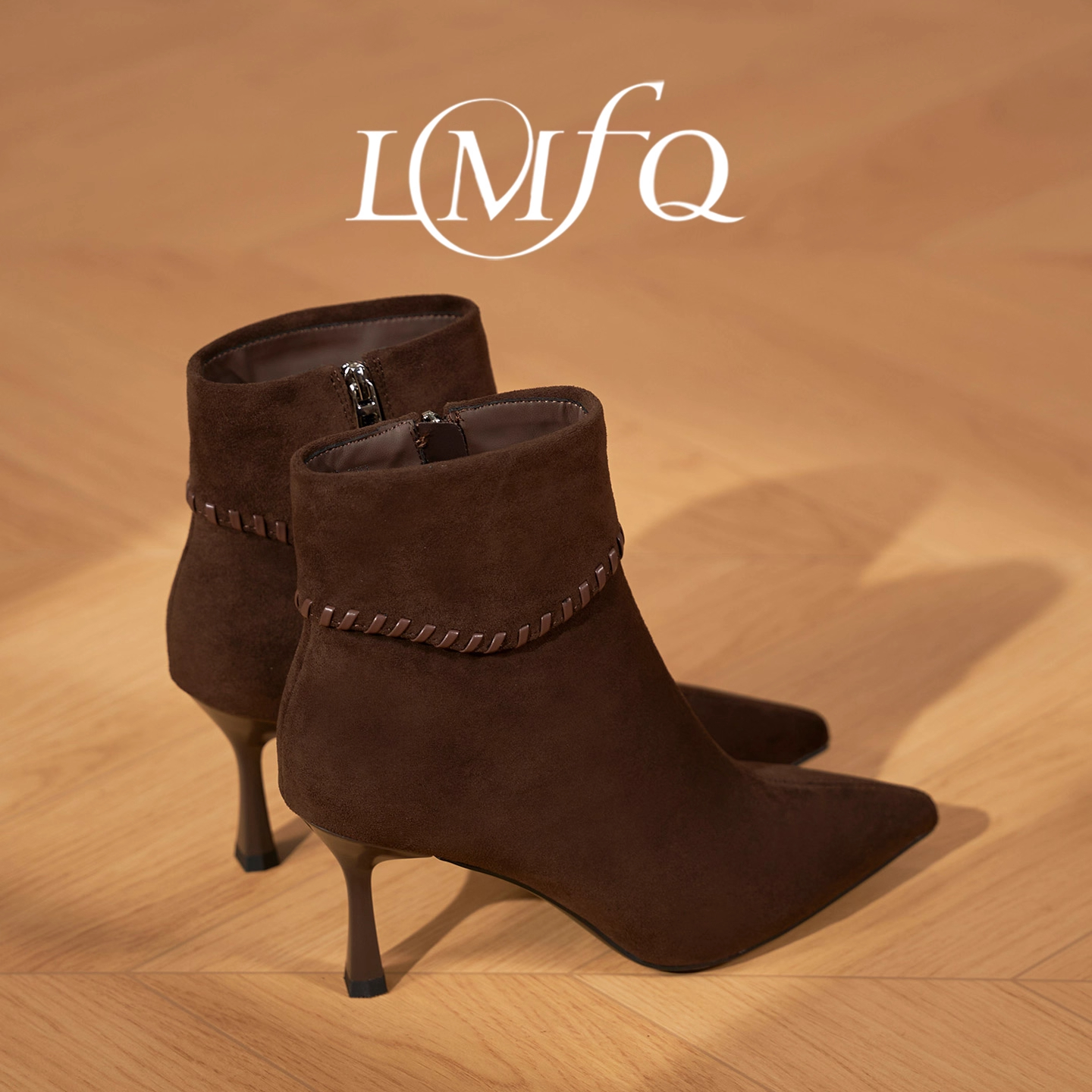 绒面气质尖头高跟短靴女2025冬季新款设计感编织细跟侧拉链时装靴