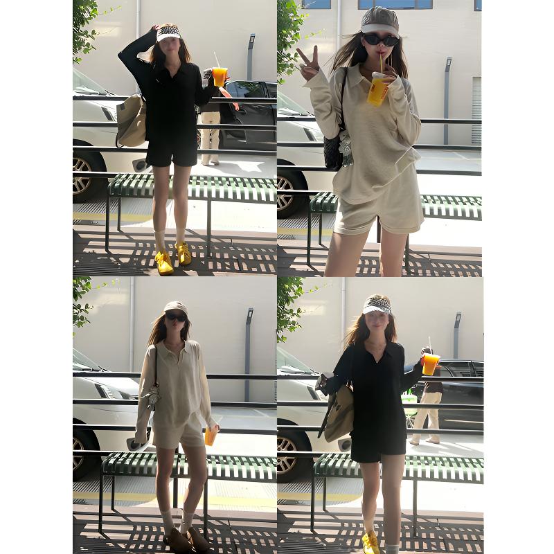 【番茄妹妹】老钱风凉感亚麻轻薄polo衫T恤上衣宽松/针织短裤套装