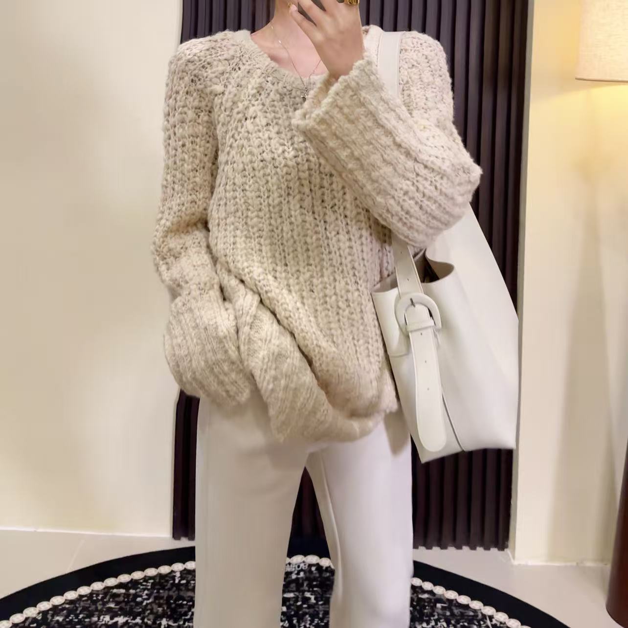 HNIH石艺2025秋冬季新款韩版羊毛显瘦宽松镂空90151休闲针织毛衫