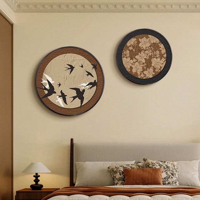 中古风卧室床头装饰画小众艺术客厅挂画法式复古圆形墙面壁画组合