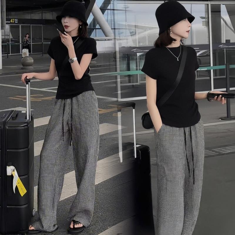 休闲套装女2025夏季新款洋气显瘦百搭短袖T恤上衣格子阔腿裤套装