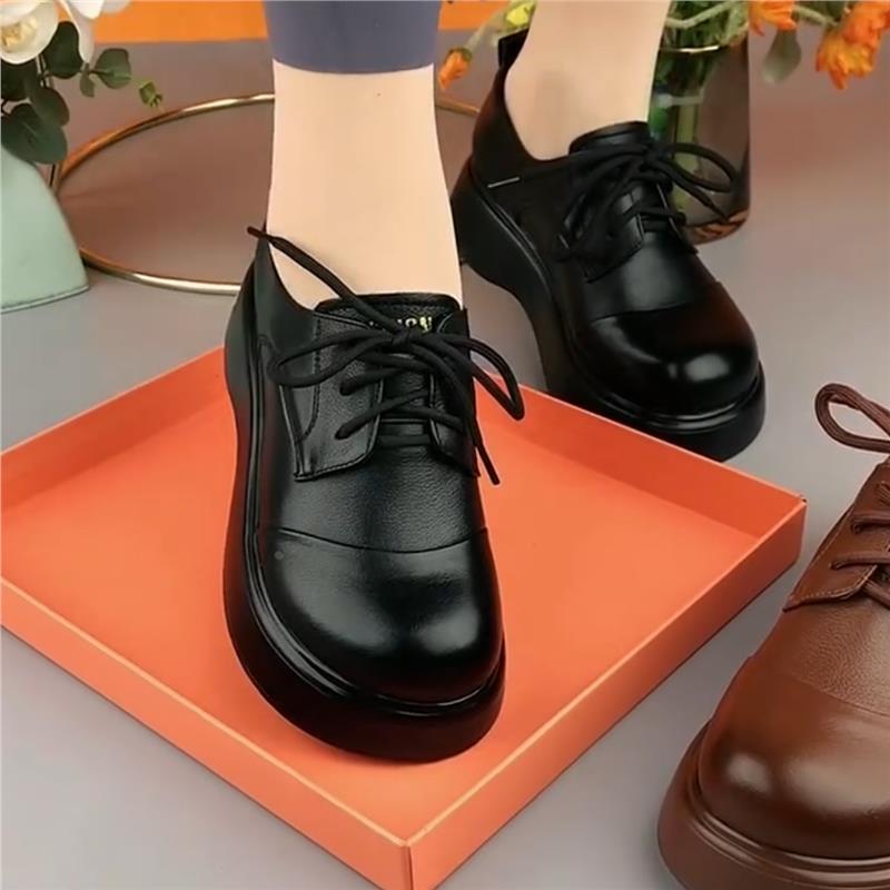 【万达撤柜】单鞋女真皮圆头厚底深口系带皮鞋女复古休闲鞋百搭软