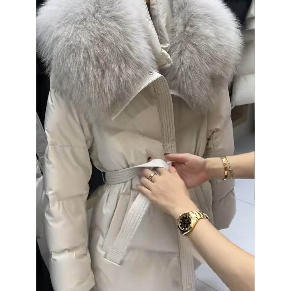 高级感中长款棉服女2025冬季新款韩版收腰显瘦系带保暖大毛领外套