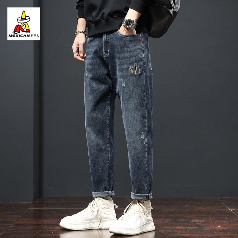 稻草人男士牛仔裤秋冬加绒加厚宽松小直筒九分男裤爆款休闲长裤子