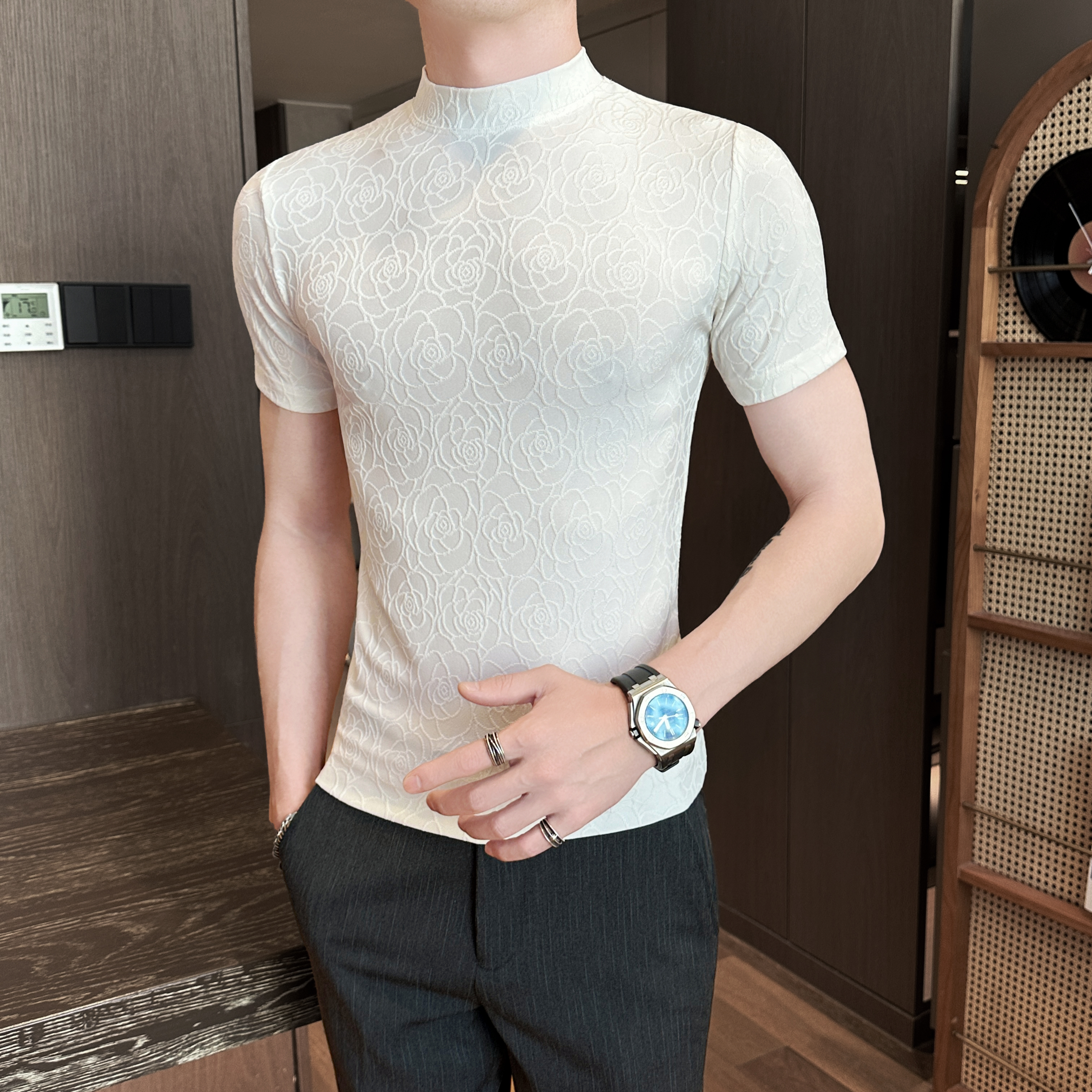 秋季新款男士提花半高领打底衫高级感韩版修身中领短袖内搭T恤男