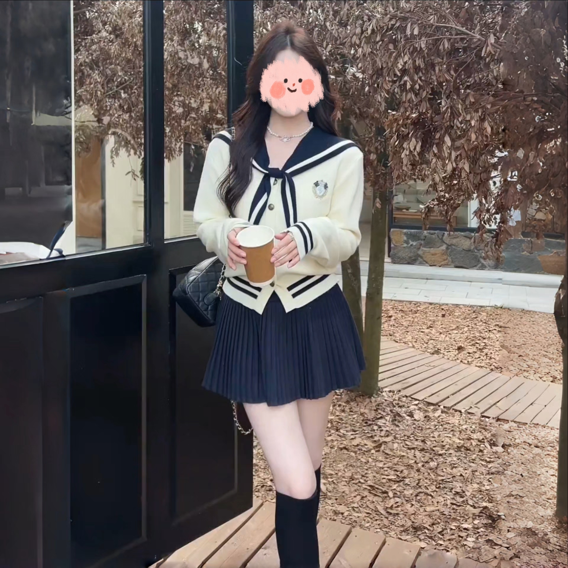 2025超火两件套女装秋季学院风海军领长袖针织上衣百褶半身裙套装