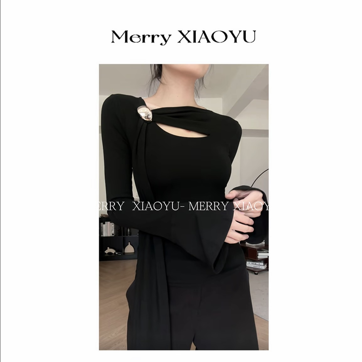 【小鱼】辣妹新款斜肩不规则飘带设计长袖显瘦百搭气质简约上衣