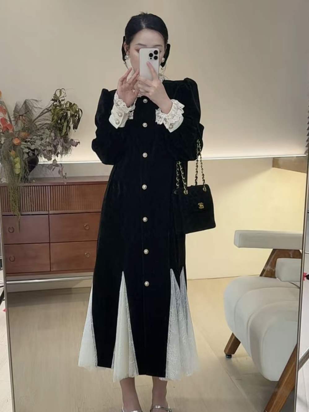 十一原创【浪漫星河】长版连衣裙 丝绒拼接蕾丝微胖显瘦时尚千金