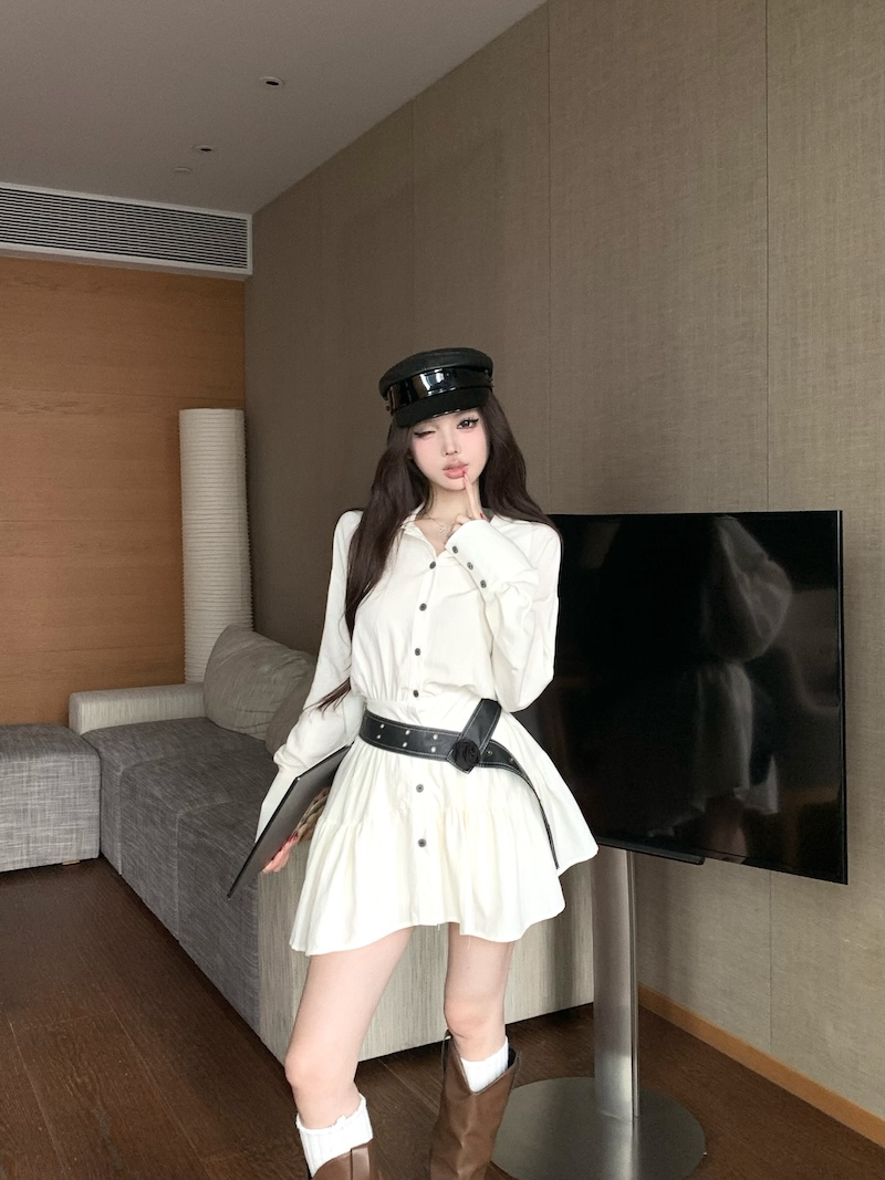 西亚麦浪 气质纯欲风辣妹性感长袖连衣裙衬衫裙收腰显瘦A字短裙女