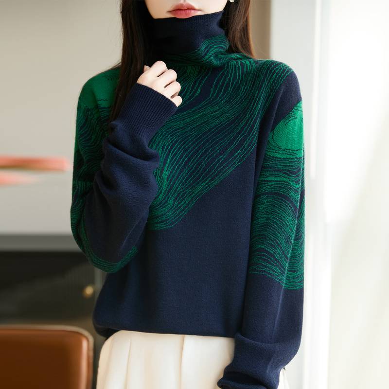 哥弟阿玛施正品秋冬时尚洋气线条提花针织衫女堆堆领气质毛衣打底