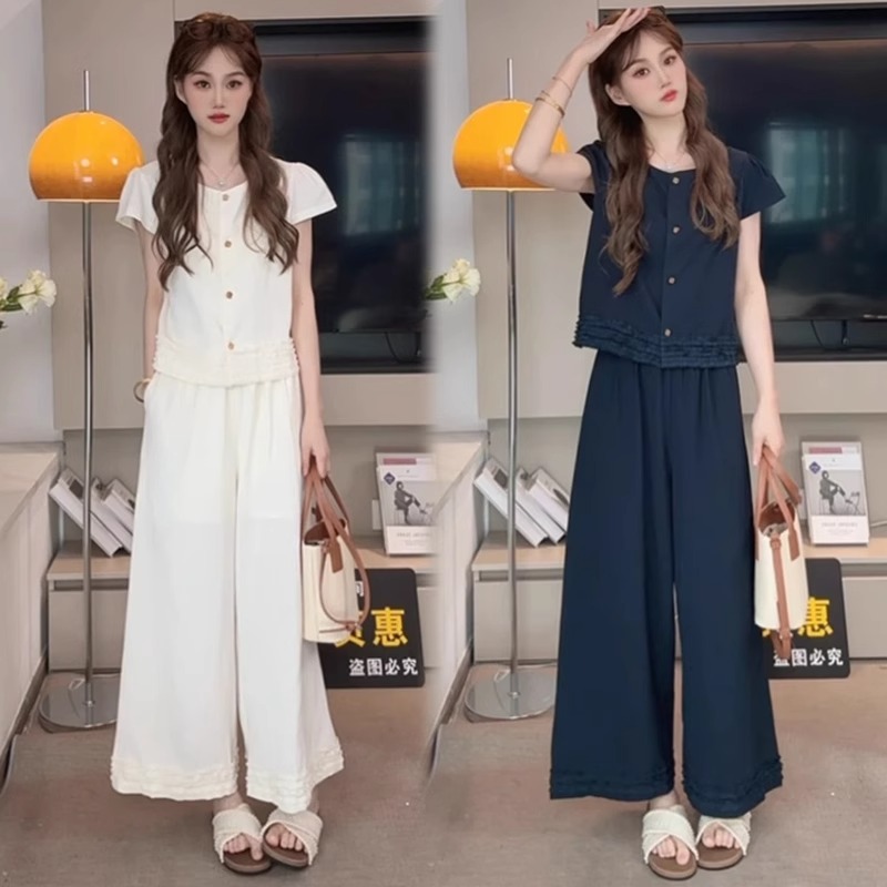 拉夏贝尔时尚套装女2025夏季新款洋气短袖上衣阔腿裤老钱风两件套