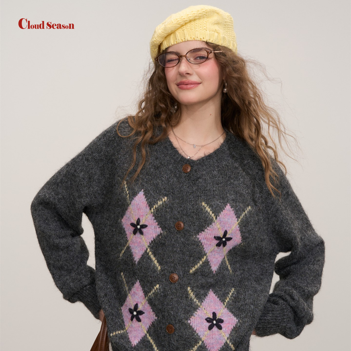 Cloud season【现货】菱格主义菱形针织衫秋冬圆领菱格拼色针织开衫