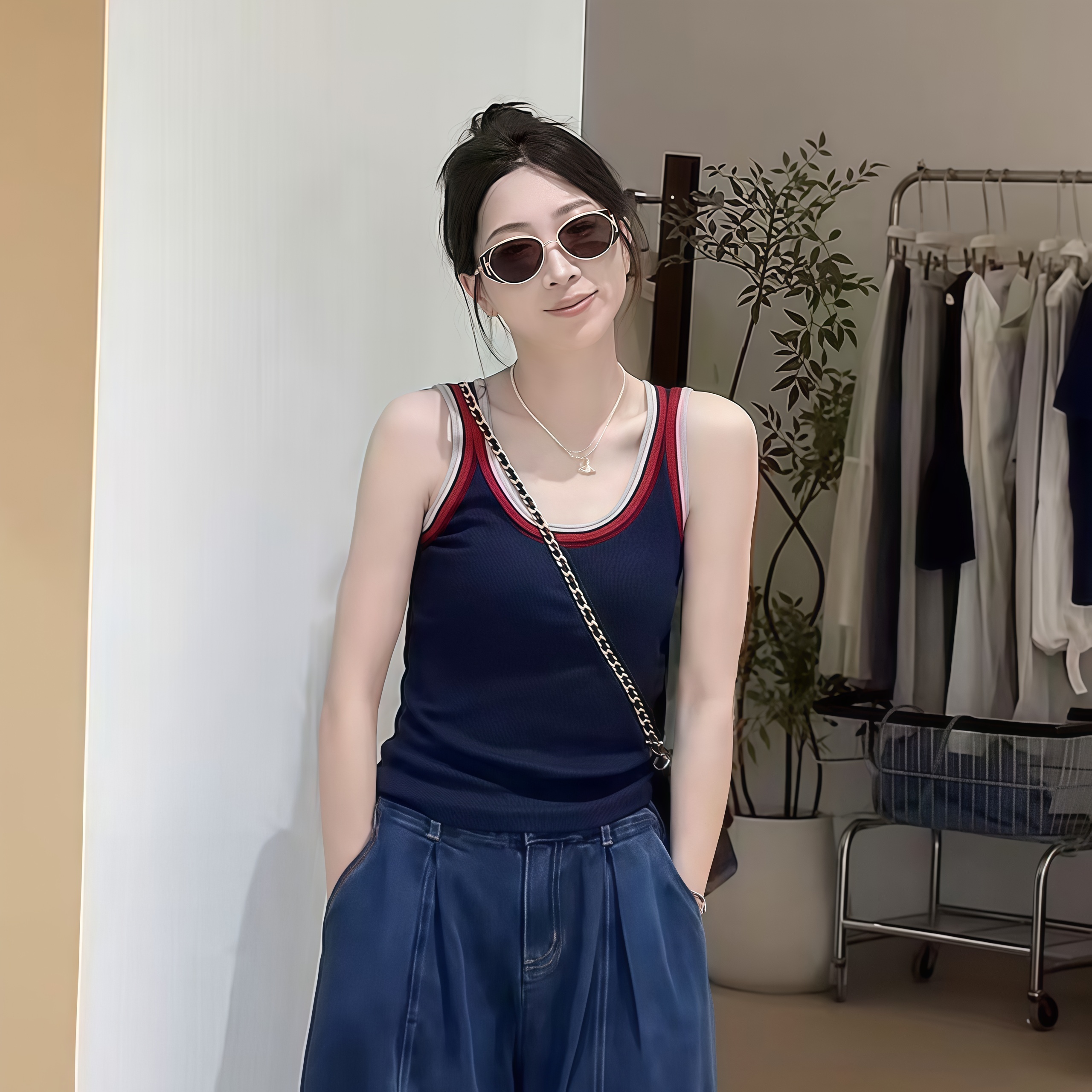 韩系休闲通勤风显瘦吊带女夏季新款时尚气质修身百搭拼色背心上衣
