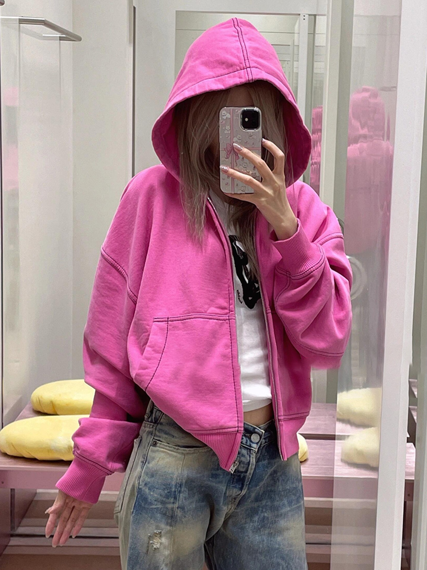 今年流行漂亮小个子卫衣独特超好看休闲风上衣玫粉色连帽外套女秋