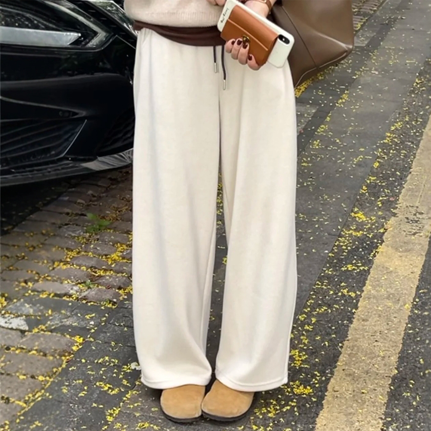 慵懒风米杏色阔腿裤女秋冬加绒大码胖mm高腰宽松显瘦直筒休闲裤子