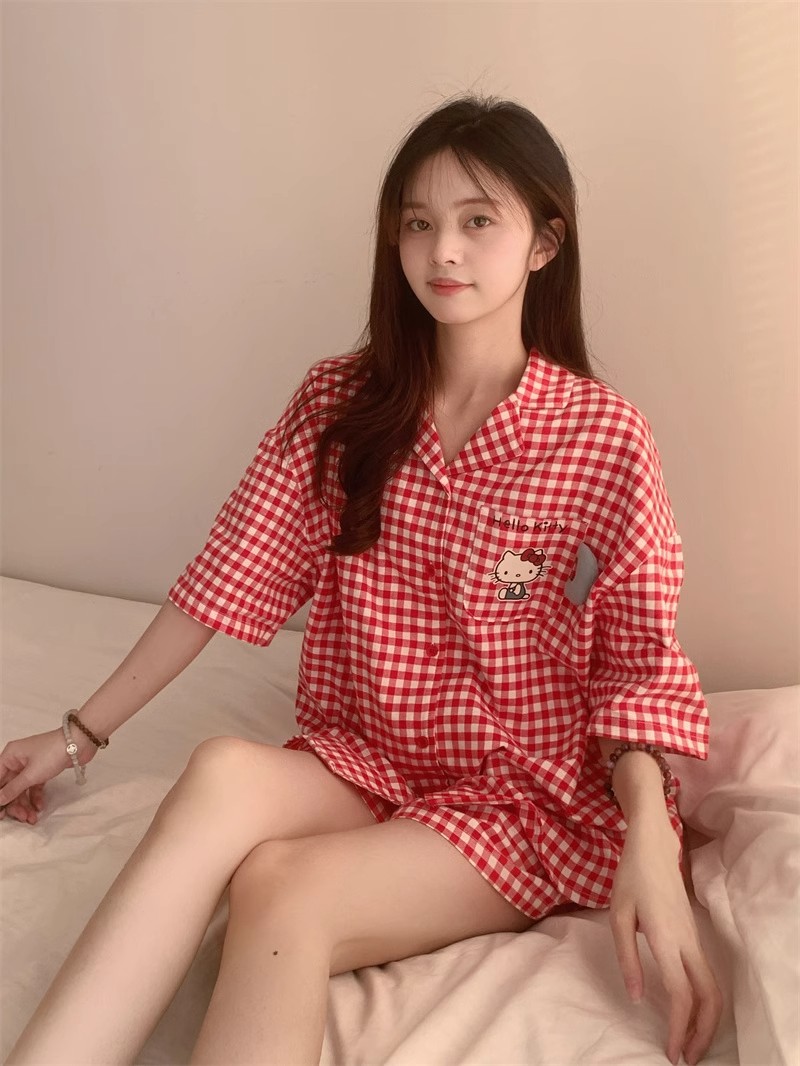 【HelloKitty格纹】韩系少女甜美风睡衣女夏季新短袖短裤家居服套装