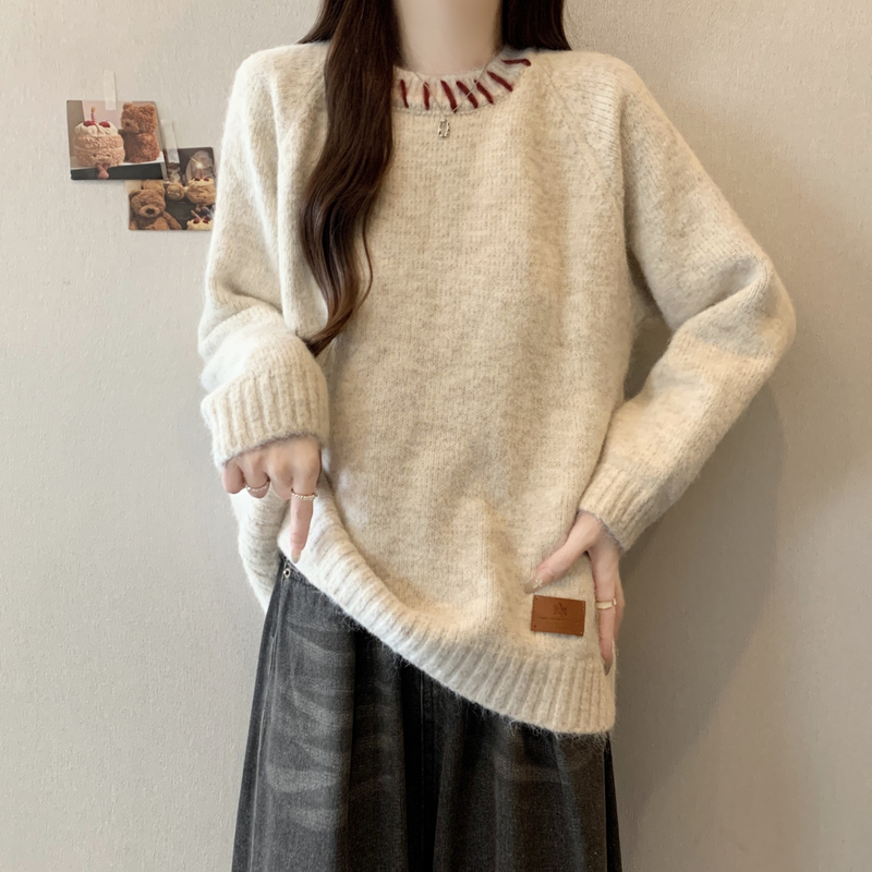 大码胖mm秋冬季新款韩系撞色慵懒风软糯百搭打底毛衣内搭针织上衣