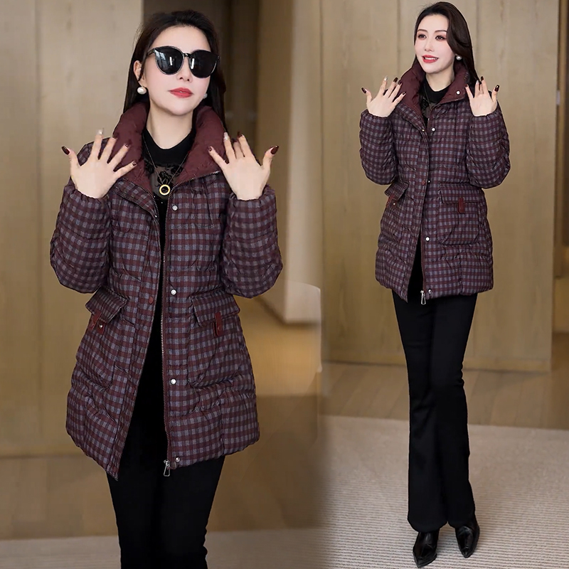 时尚中长款格子棉衣外套女2025冬季新款洋气宽松显瘦加厚保暖棉服