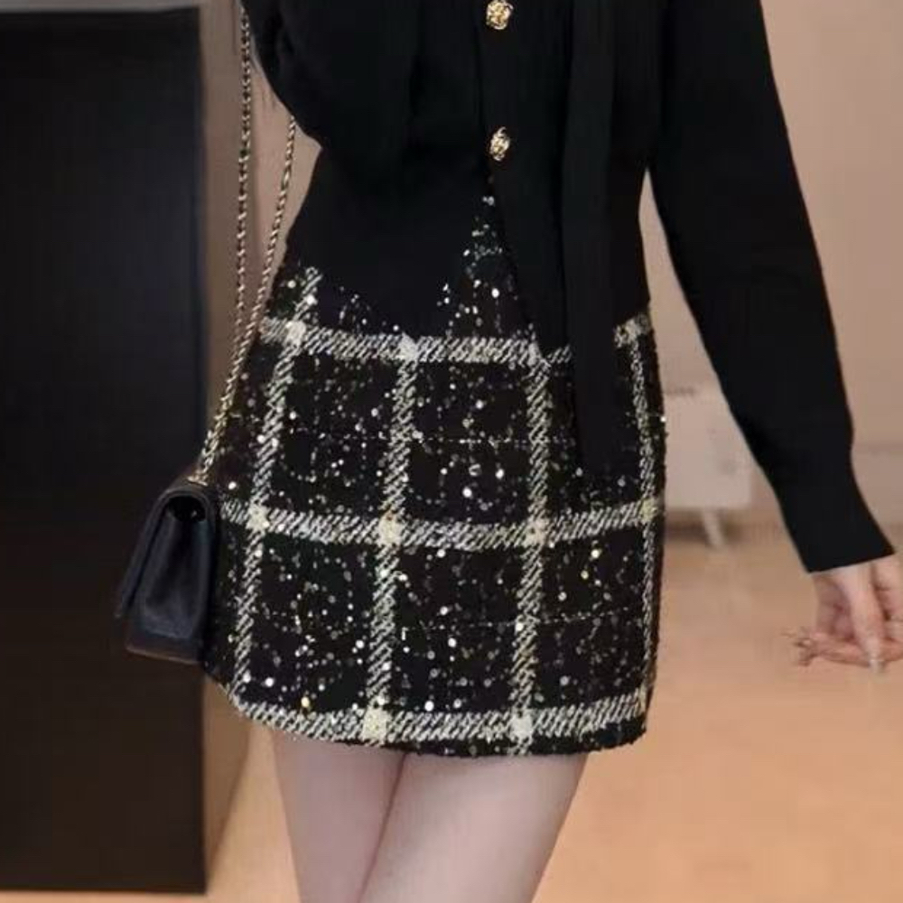 YUANLIANSU/圆脸酥【花影迷蝶】法式时尚复古格纹亮片拼接半身裙女