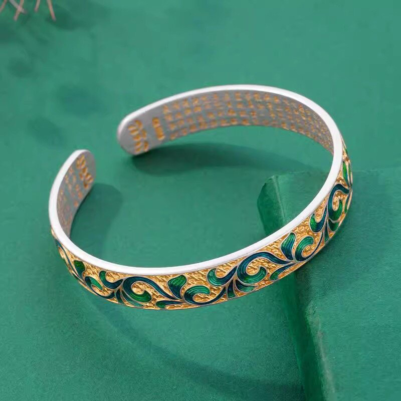 足银珐琅手镯 唐草纹开口手镯女高级感实心镯子手环中国风饰品