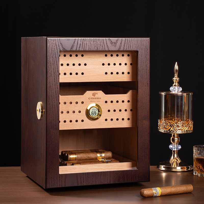 AK领茄轻奢三层小型家用雪茄柜雪松木雪茄保湿盒120支装带指纹锁