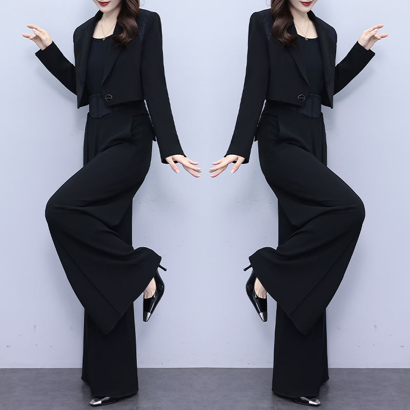 黑色西装三件套女装2025秋季新款高腰阔腿裤气质轻熟风时尚套装潮