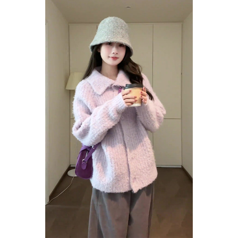 2025秋季新款女法式气质翻领宽松毛衣上衣百搭高腰显瘦阔腿长裤