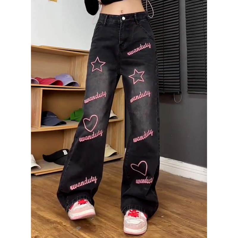 300斤大码女装初秋甜酷风星星刺绣阔腿牛仔裤胖mm宽松遮肉直筒裤