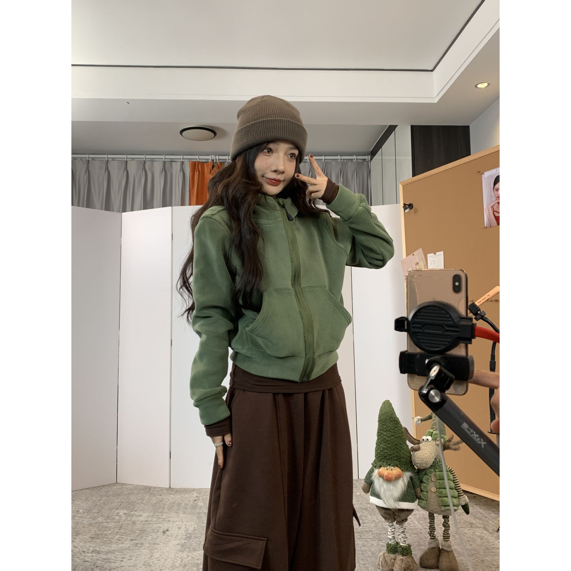 加绒加厚双面奥粒绒连帽外套女宽松百搭设计休闲百搭开衫上衣