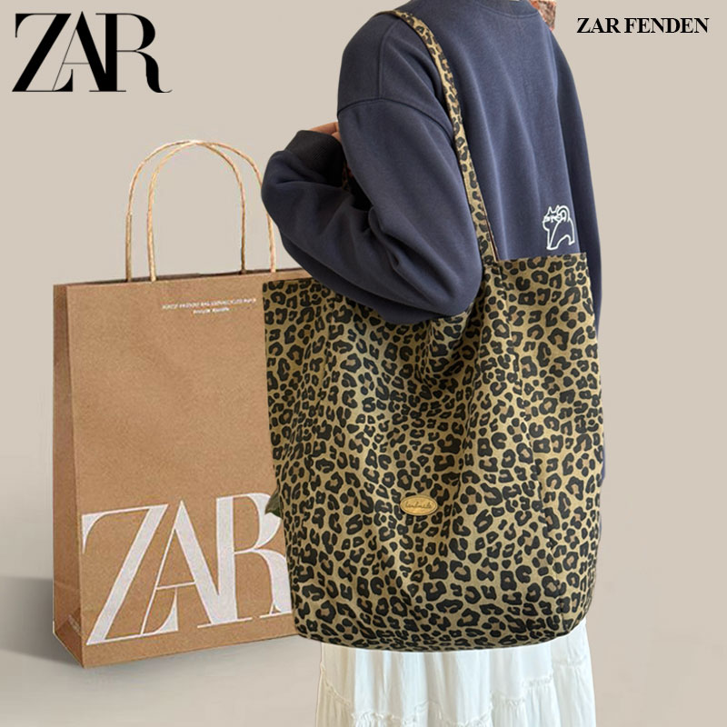 ZAR FENDEN韩系秋冬复古豹纹双面帆布包大容量通勤托特包单肩包