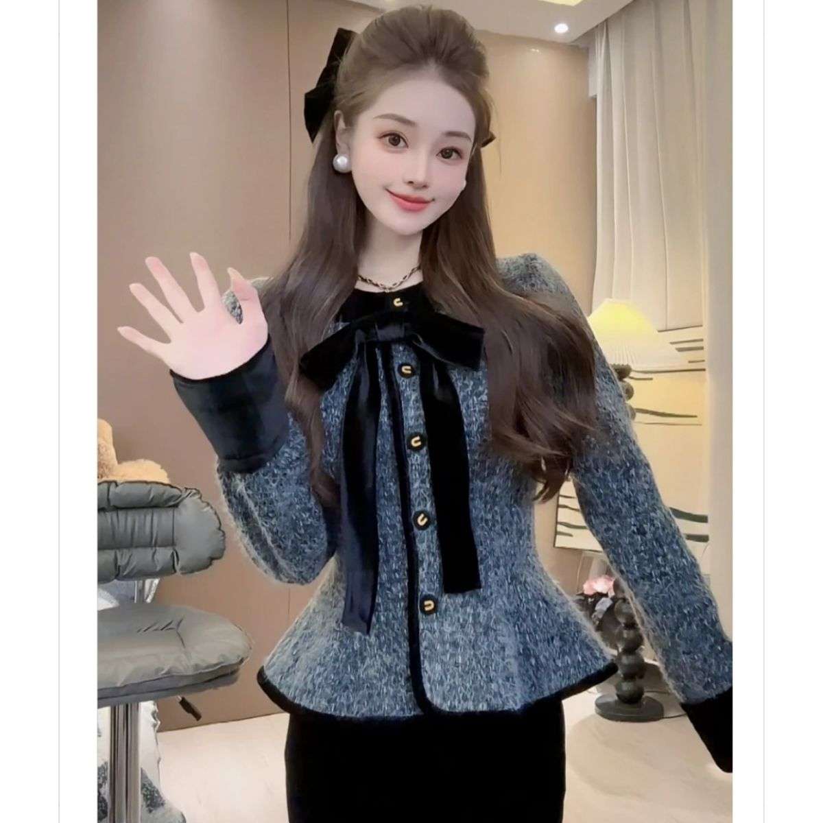 法式蝴蝶结小香风毛呢外套女秋冬新款时尚气质短外套收腰显瘦上衣