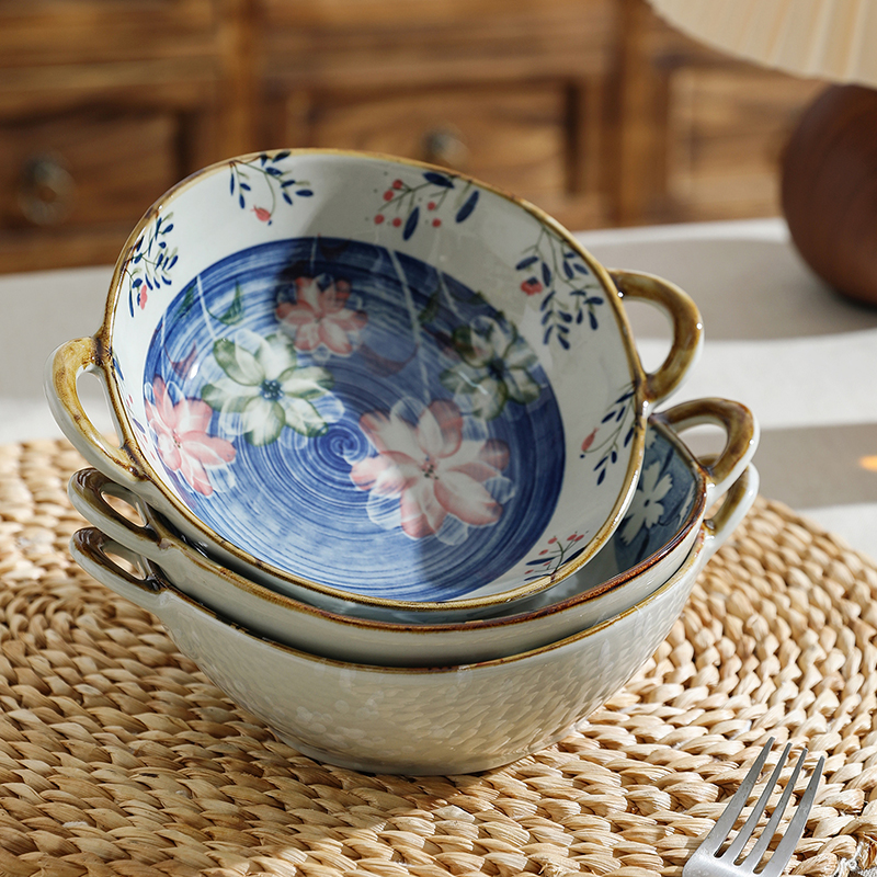 舍里复古双耳汤碗家用螺蛳粉专用网红餐具陶瓷大碗拉面碗手柄汤盆