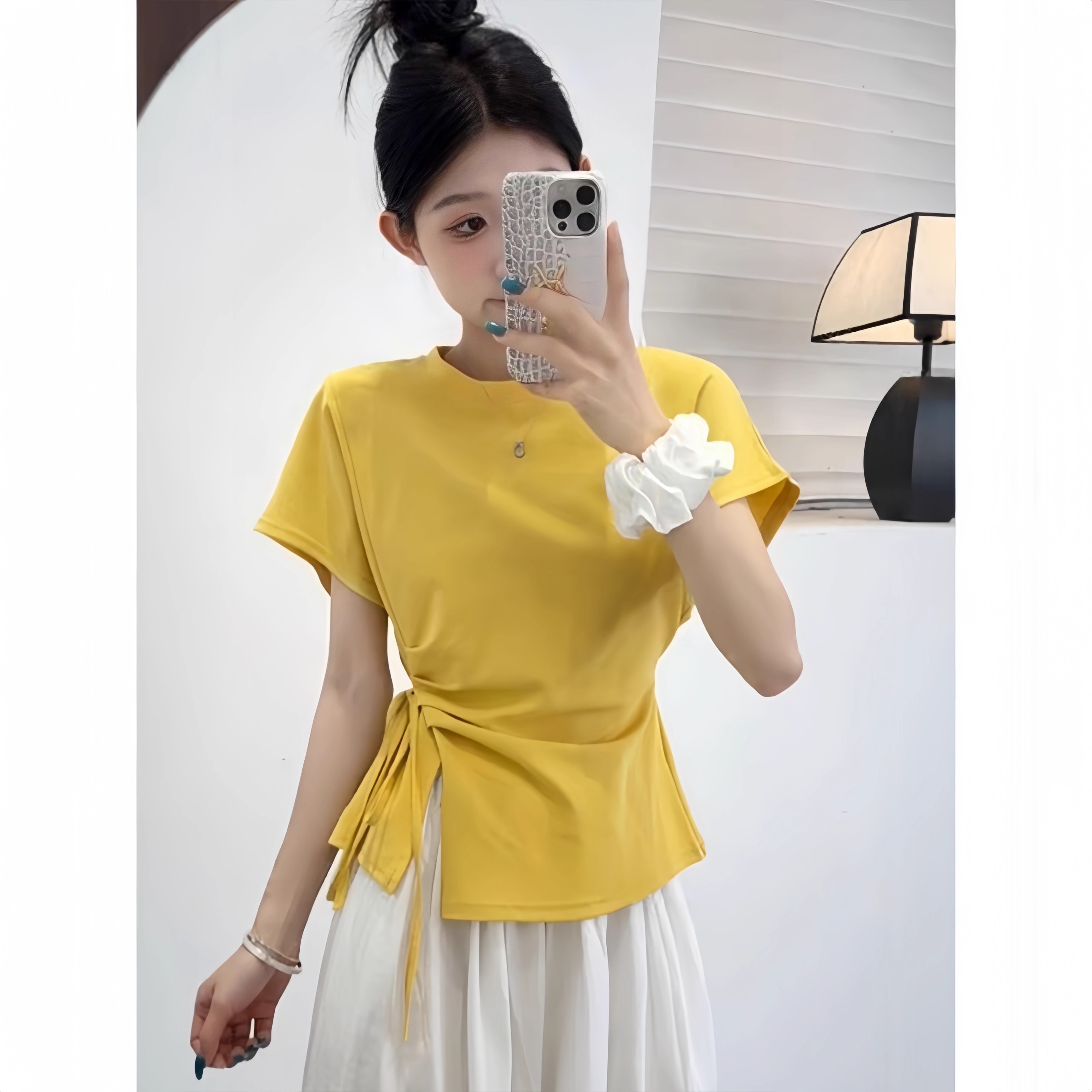 （现货）韩式设计款绑腰收腰袖口翻边短袖宽松T恤衫上衣不规则高腰