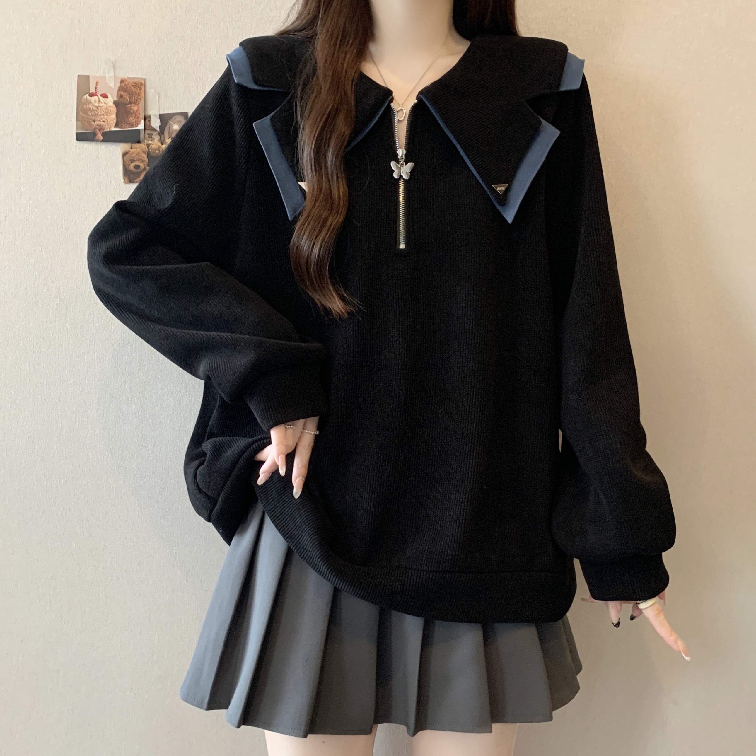 大码女装遮肚子娃娃领半拉链加绒卫衣秋冬胖妹妹宽松显瘦洋气上衣