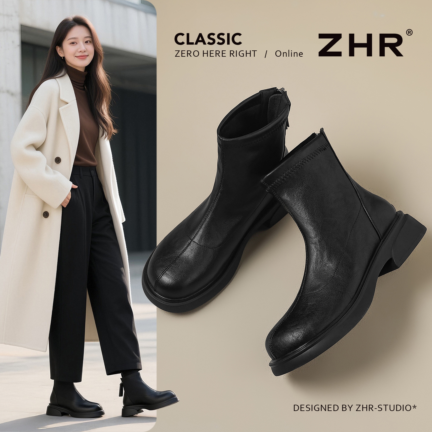 ZHR/则则平底短靴女2025新款厚底黑色瘦瘦靴加绒保暖切尔西马丁靴