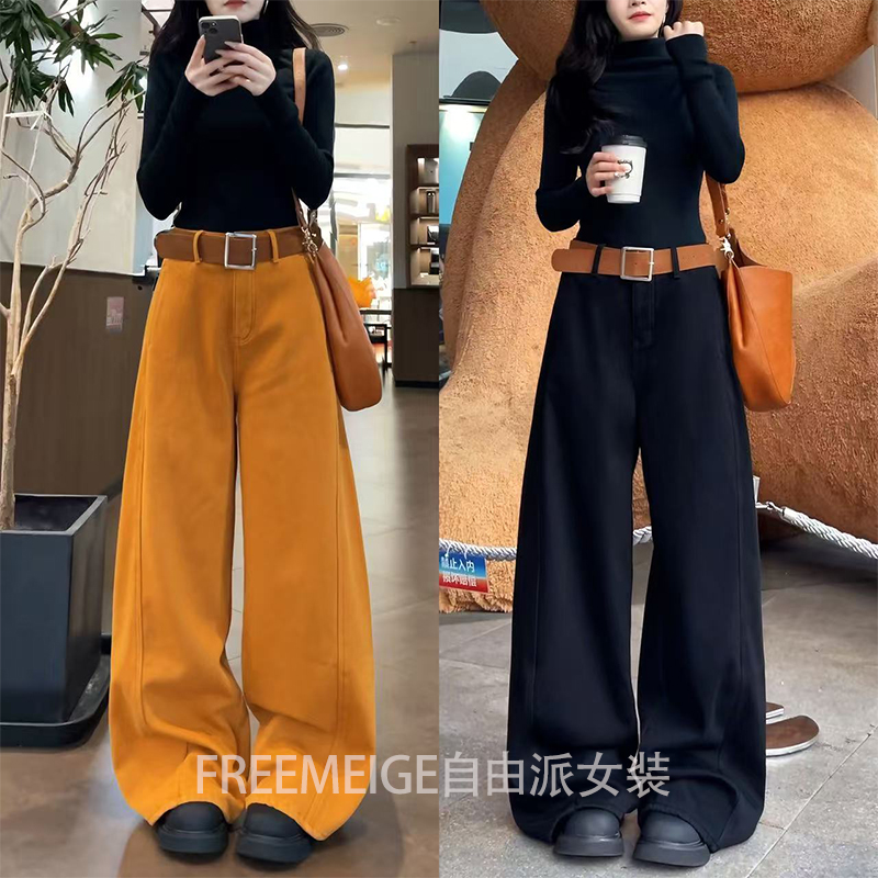 26322加绒加厚直筒牛仔裤女2025年冬季新款高腰显瘦结构阔腿长裤