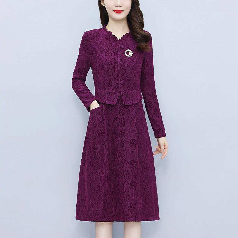 端庄大气连衣裙女春秋2025新款妈妈高级感气质显瘦假两件加绒裙子