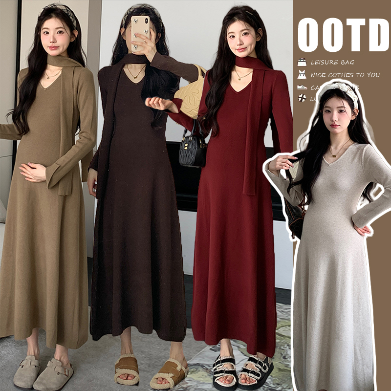 时髦孕妇装新款秋冬新品简约针织时尚显瘦懒人高级感显瘦连衣长裙