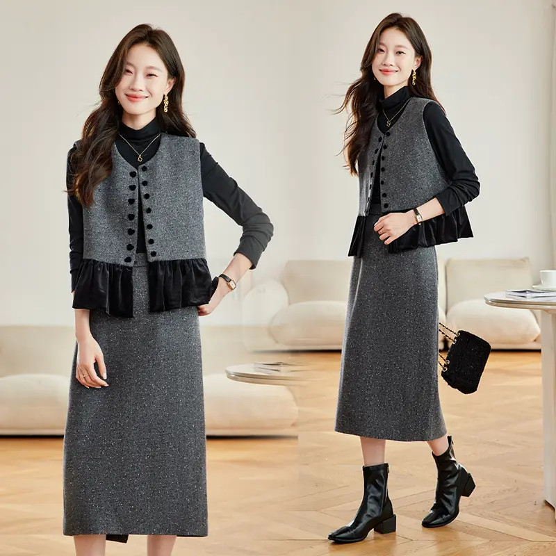 小香风马甲毛呢套装裙女2025秋季新款高级感气质显瘦半身裙三件套