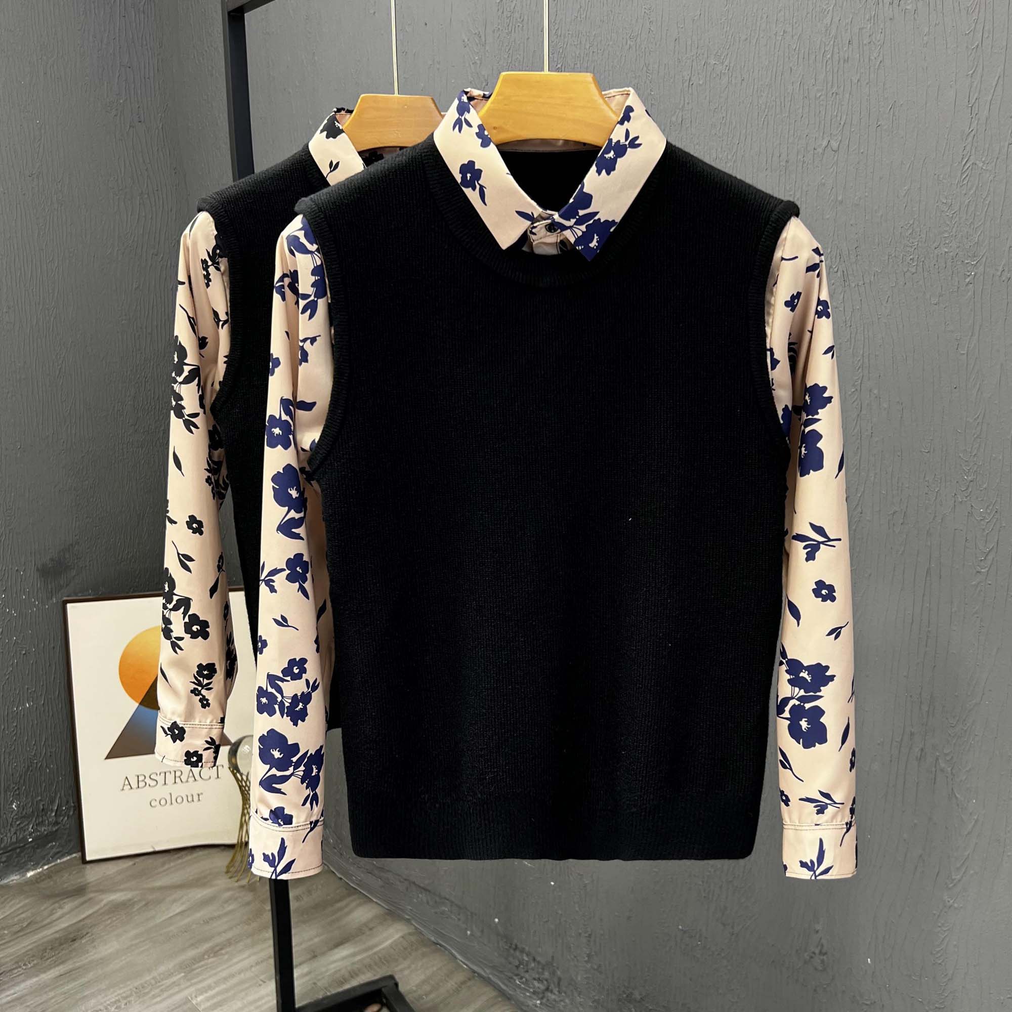 轻奢休闲时尚假两件打底衫男士秋冬季潮流衬衫领花袖子拼接针织衫