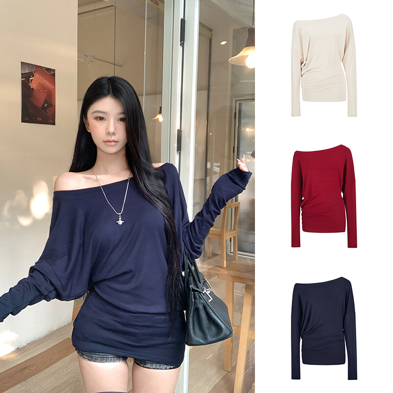 Moses Queen/魔西女王宽松斜领露肩长袖T恤秋季休闲百搭显瘦上衣
