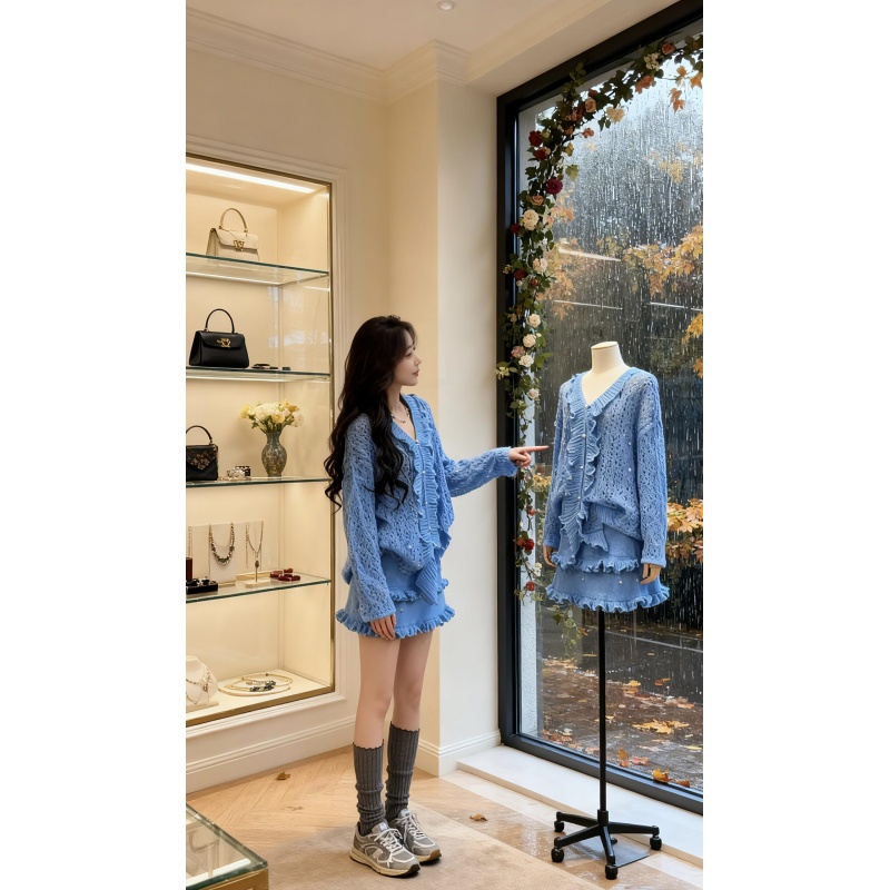 【当日发货】韩系独特超好看穿搭一整套法式木耳边毛衣半身裙套装冬