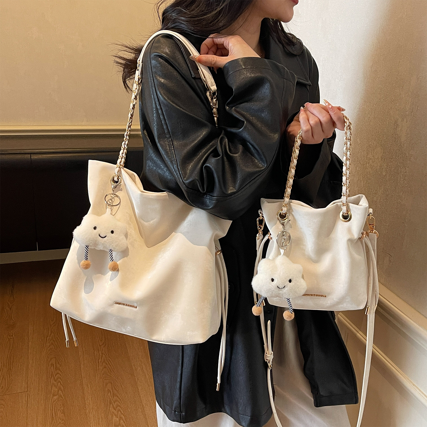 Aimitu2025新款大容量纯色精美链条百搭可爱挂件潮流单肩手提包