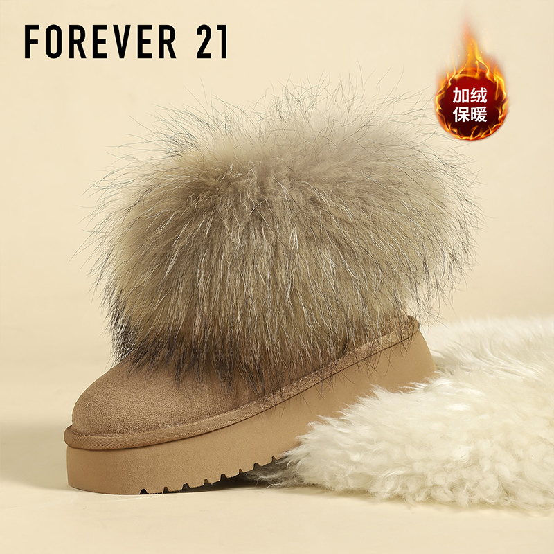 F21雪地靴女2025冬季新款加绒加厚狐狸毛超保暖厚底舒适增高棉靴
