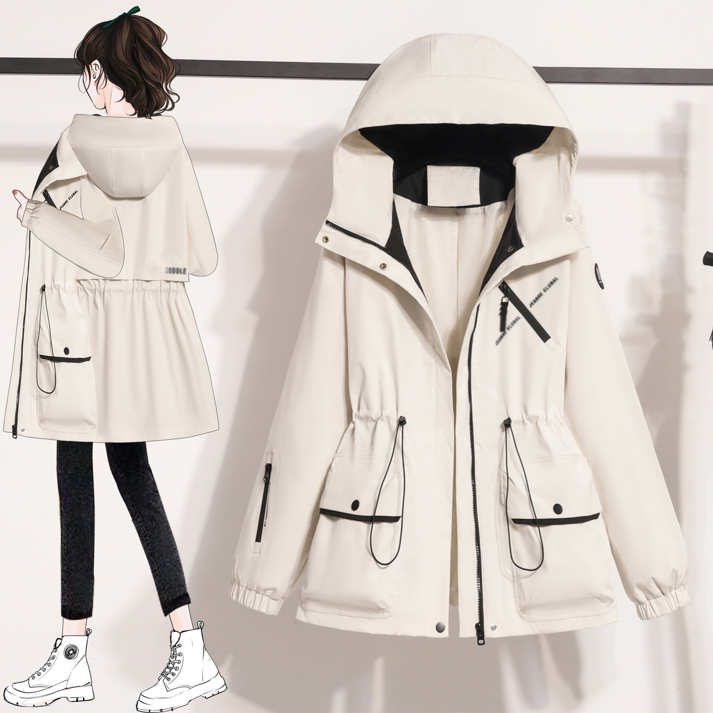 工装外套女春秋装新款宽松设计感大口袋抽绳收腰大码防水冲锋衣潮